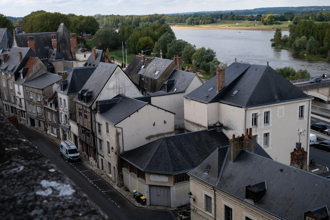 Rooftops of old european town with river in background