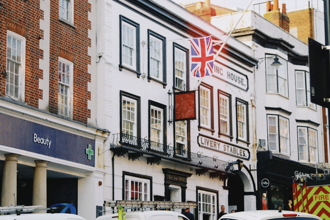 British buildings with a union jack flag.