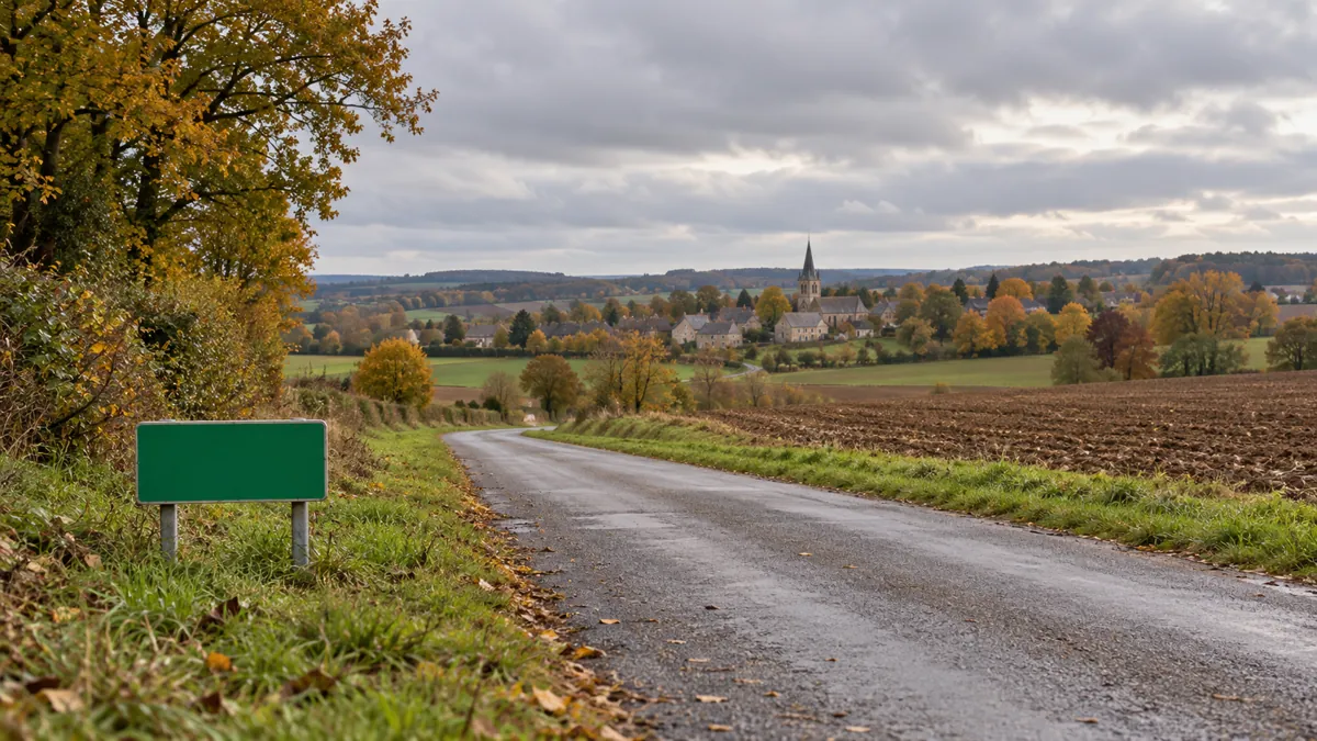 Petite préenseigne basse au bord d'une route de campagne, entre des champs, avec un village au loin
