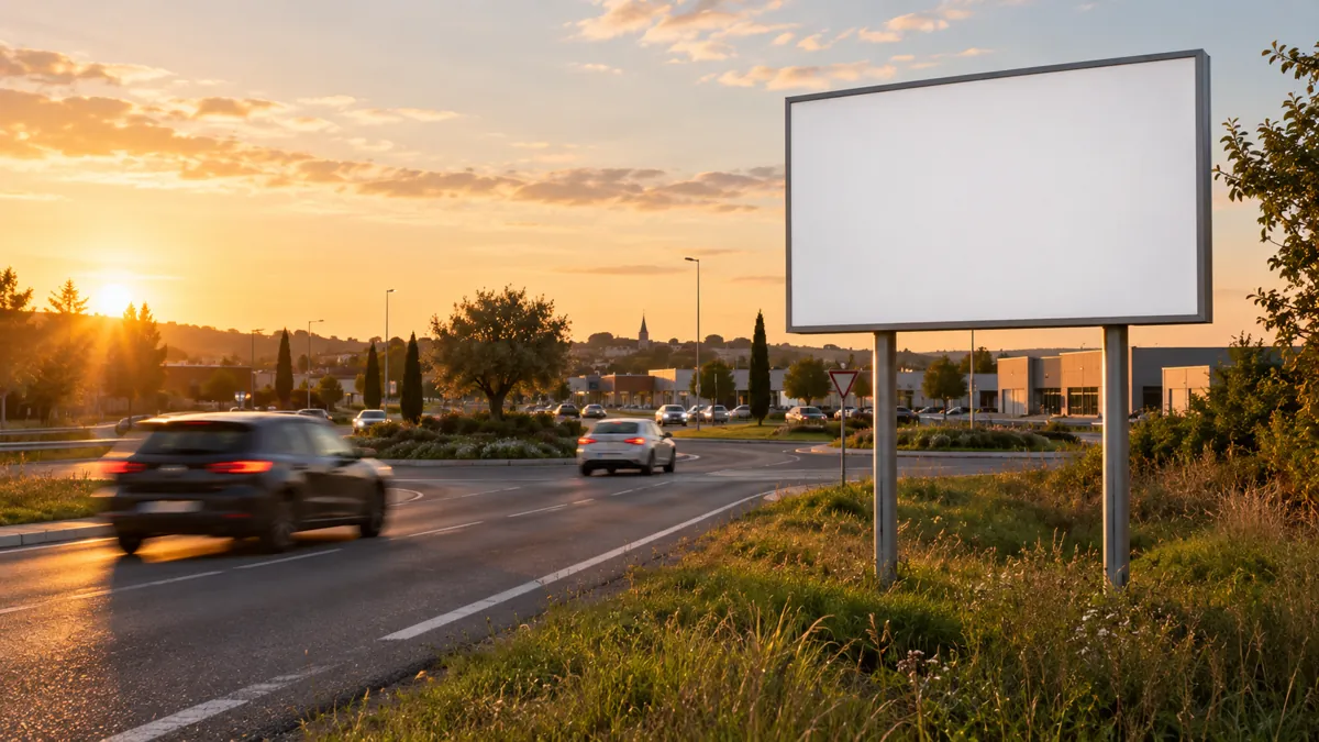 Grand panneau publicitaire vierge sur deux mâts au bord d'une route départementale, à l'entrée d'une petite ville en fin de journée