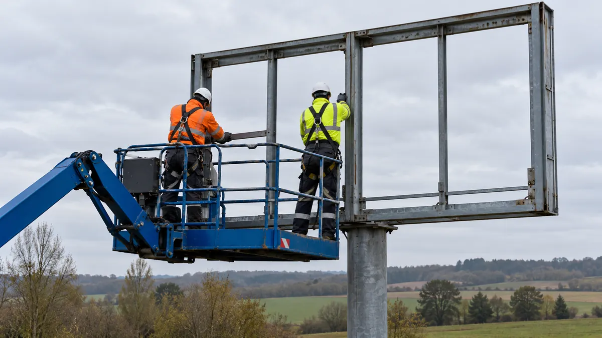 Deux techniciens sur une nacelle démontent le cadre métallique vide d'un grand panneau publicitaire sur mât, en bordure de champs