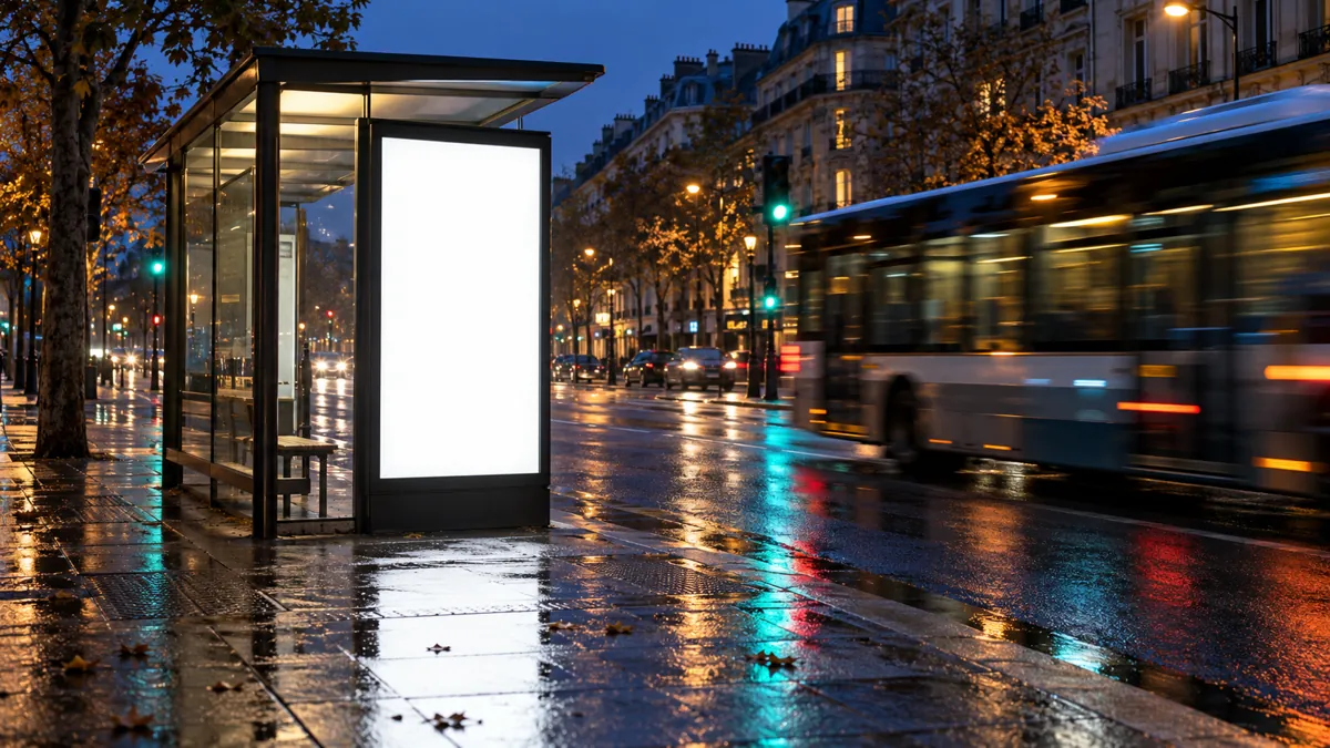 Abri de bus la nuit avec son panneau publicitaire rétroéclairé allumé au bord d'une avenue
