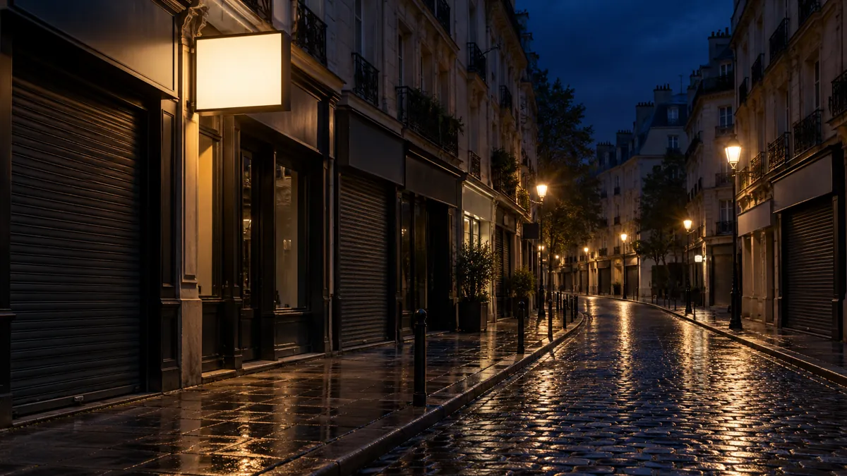 Rue commerçante la nuit, pavés mouillés, une seule enseigne en caisson lumineux reste allumée parmi des vitrines éteintes