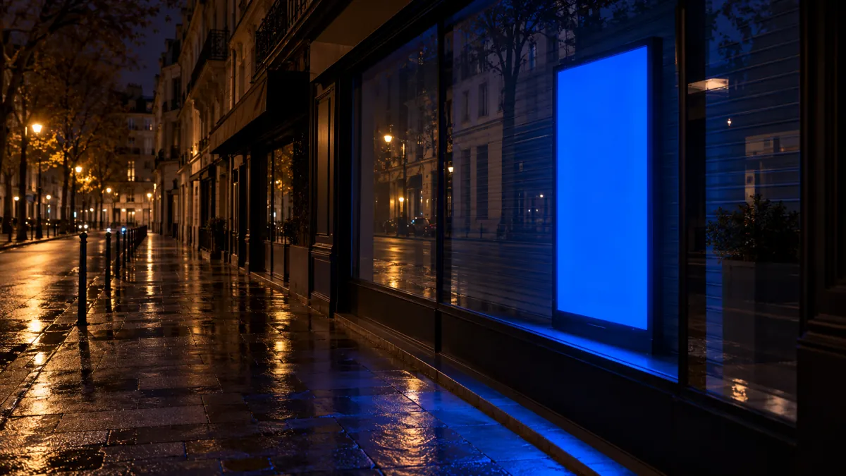 Écran numérique allumé derrière la vitrine d'un commerce fermé, la nuit, qui éclaire le trottoir