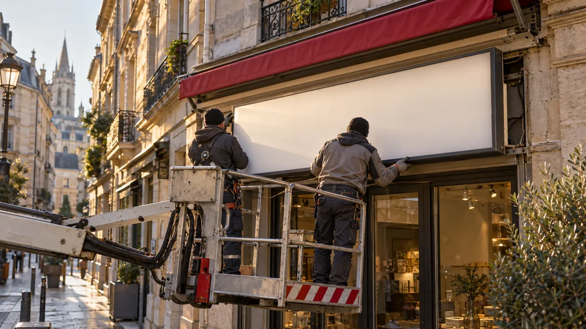 Deux ouvriers sur une nacelle déposent le caisson d'une enseigne lumineuse de la façade d'un commerce