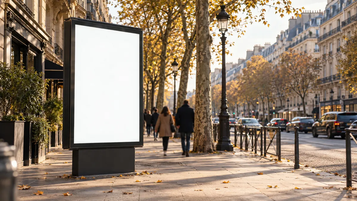 Grand panneau publicitaire à l'affiche vierge sur le trottoir d'une avenue bordée d'immeubles haussmanniens