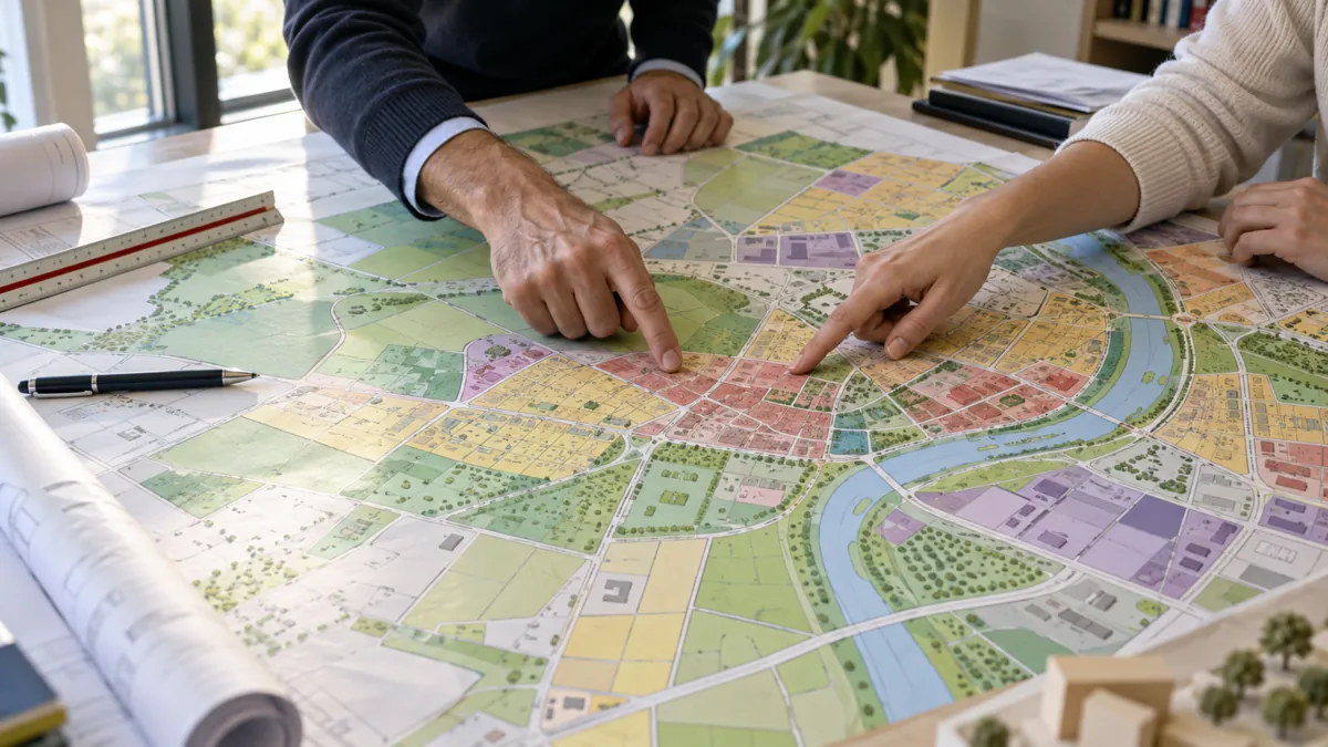 Deux personnes pointent une zone sur un plan de zonage étalé sur une table d'un service urbanisme
